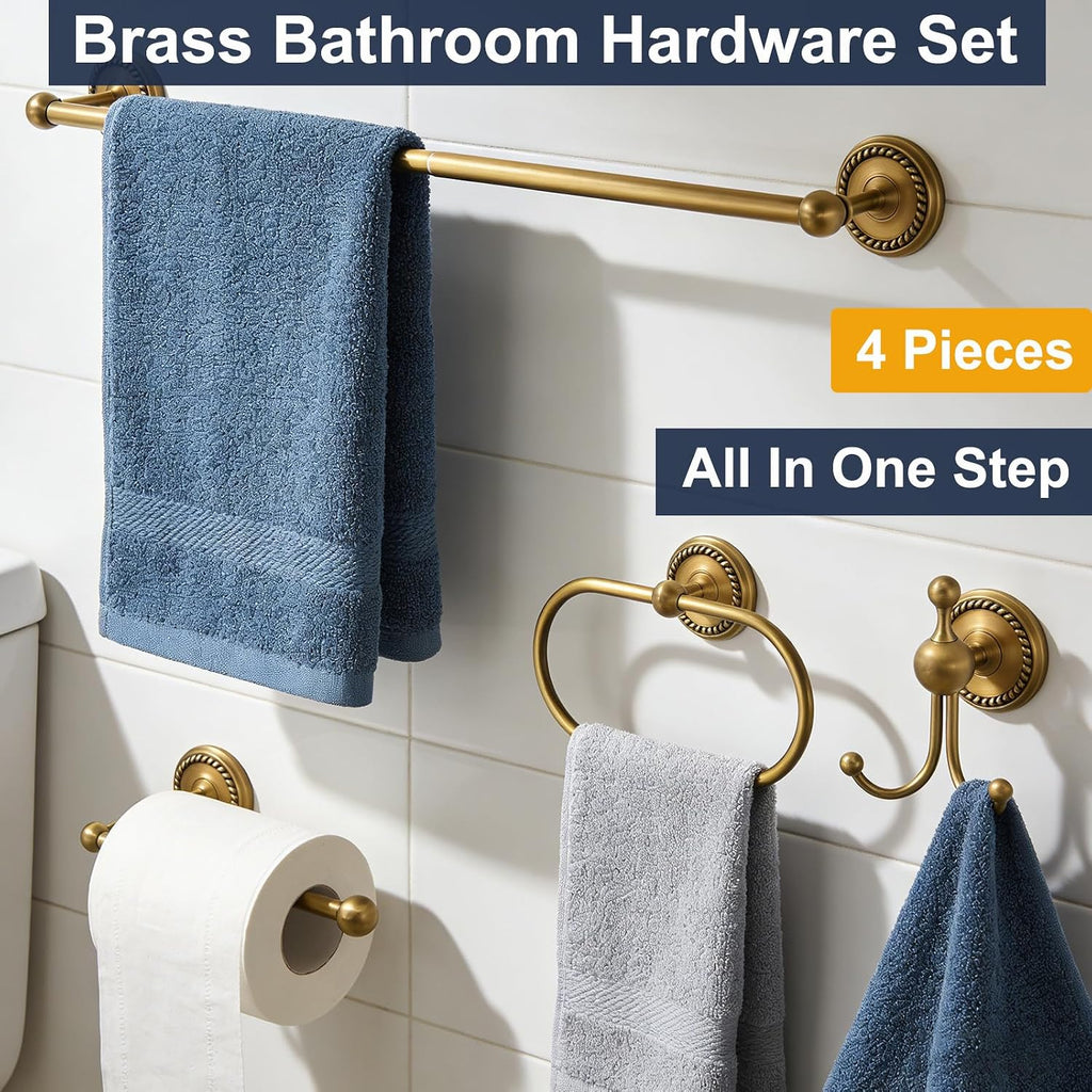 Antique Brass 4-Piece Bathroom Hardware Set Adjustable Towel Bar 13-24" | Vintage Gold Towel Bar, Oval Towel Ring