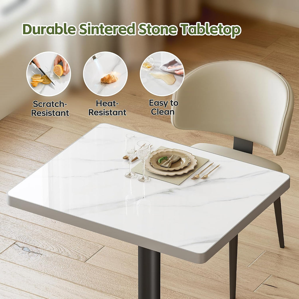 Sintered Stone Square Dining Table for 4, 30 Inch White Marble Kitchen Table, Waterproof Heat Resistant with Black