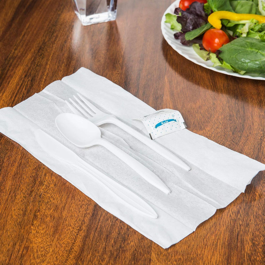 Pack Individually Wrapped Plastic Cutlery Set with Napkin, Salt and Pepper Packets Medium Weight Disposable