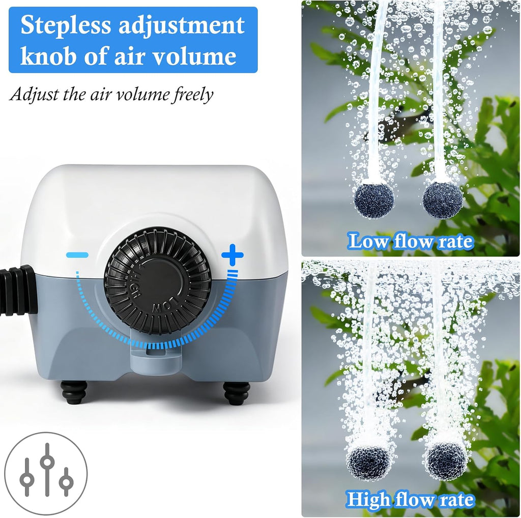 Dual Outlet Aquarium Electric Air Pump, Whisper Adjustable Fish Tank Aerator, Quiet Oxygen Pump with Accessories for