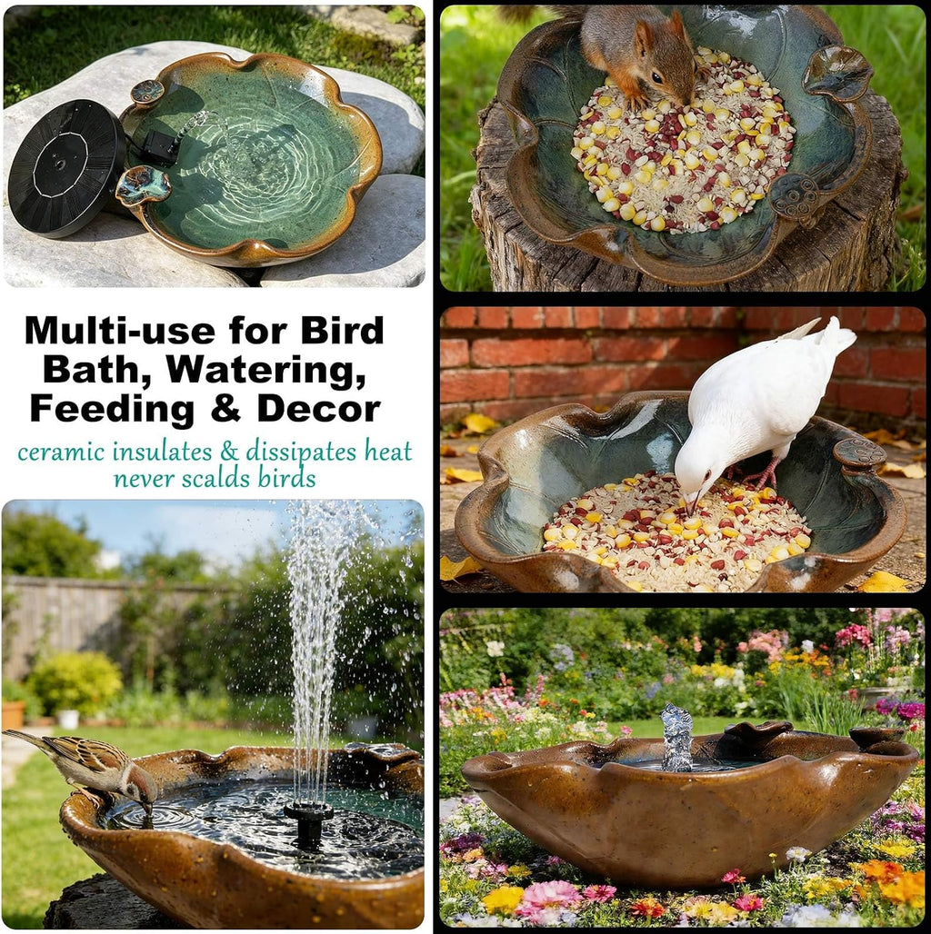 Ceramic Birdbath Solar Fountain, 12.5-Inch Heavy Duty Ceramic Bird Bath Bowl for Outdoor Water Fountain, Wildlife