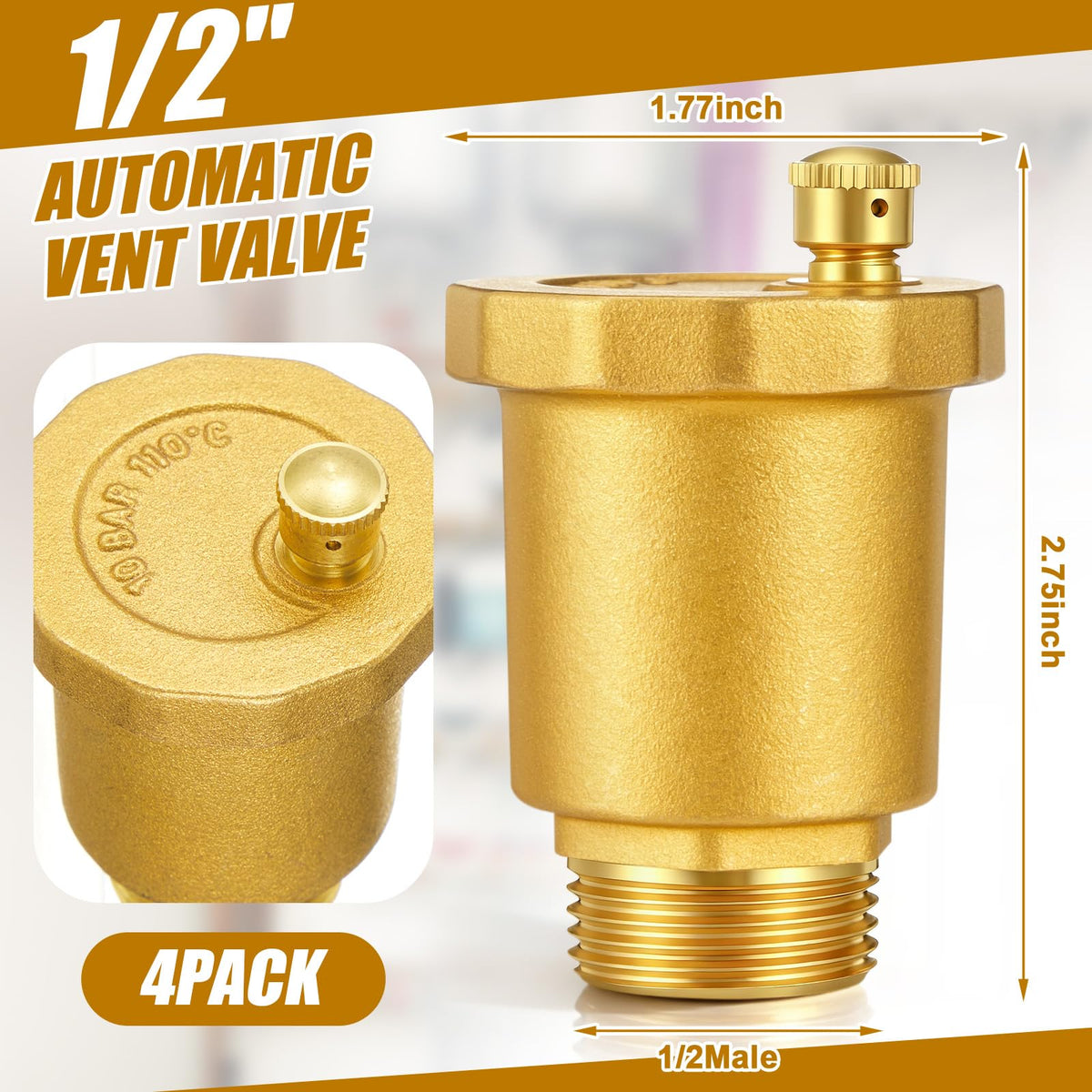 4 Pack Brass Automatic Float Valve Male Npt Thread Air Release Bleeder,1/2"