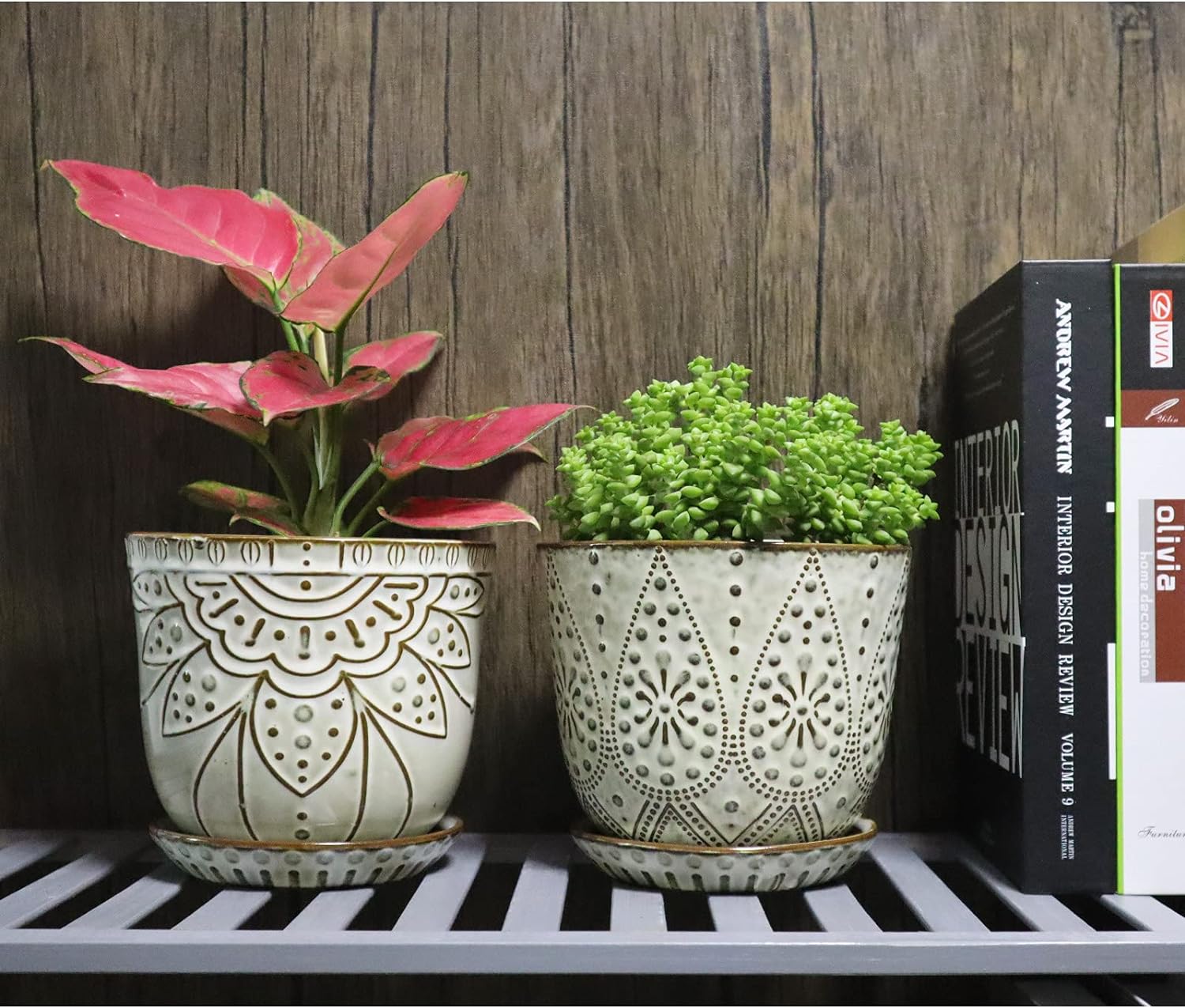 6 Inch Beaded Ceramic Planter Set of 2 with Drainage Hole and Saucer for Plants, Indoor-Outdoor Large Round Succulent