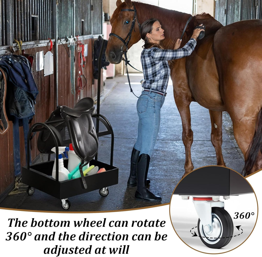 Metal Rolling Saddle Rack Cart with Basket Storage, 360° Wheels