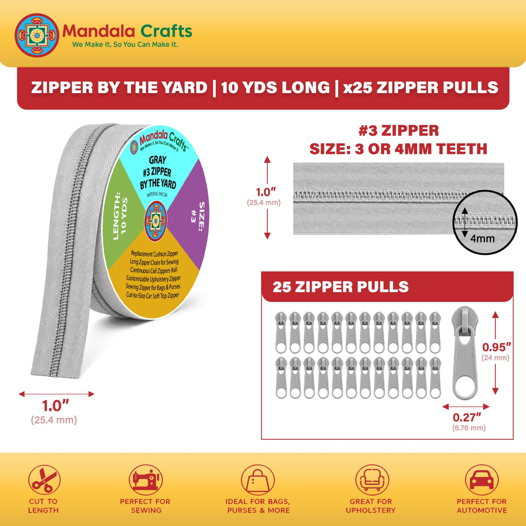 #3 Gray Nylon Zippers by the Yard with 25 Pulls