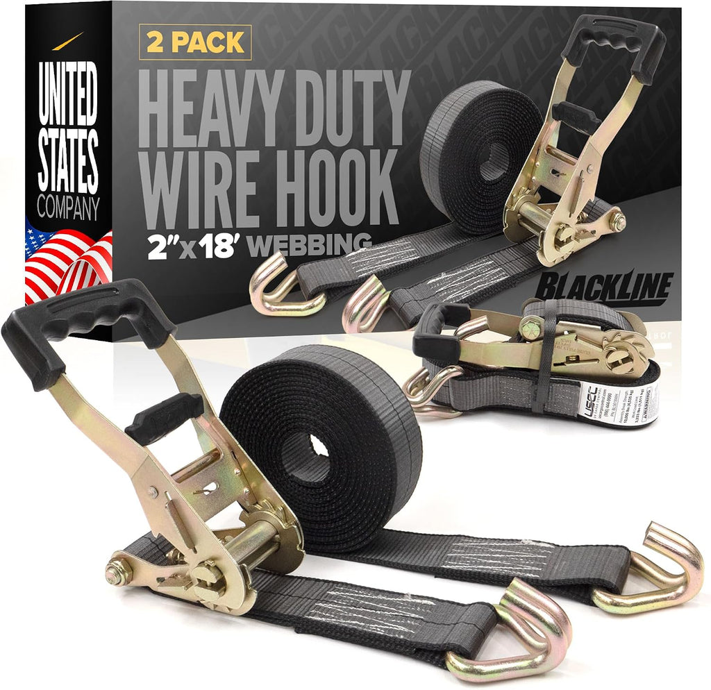 Blackline Ratchet Straps Heavy Duty (2-Pack), 2 Inch x 18 Foot Black Ratchet Straps with Double J Hooks, 13,000 LBS