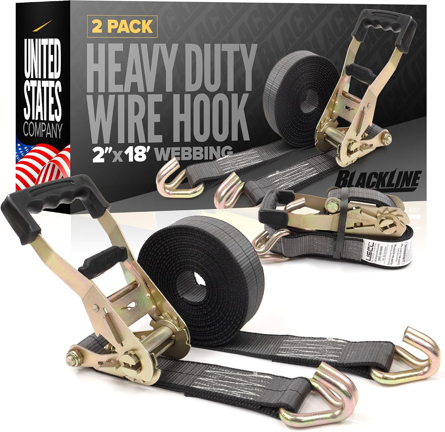 Blackline Ratchet Straps Heavy Duty (2-Pack), 2 Inch x 18 Foot Black Ratchet Straps with Double J Hooks, 13,000 LBS
