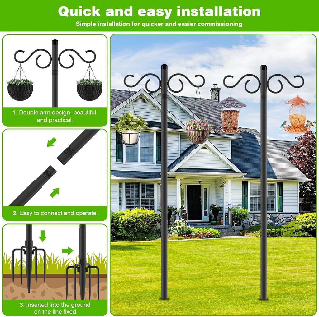 Double Shepherds Hooks for Outdoor,2 Pack 110Inch Bird Feeder Pole with 5 Prongs Base,Heavy Duty Shepherds
