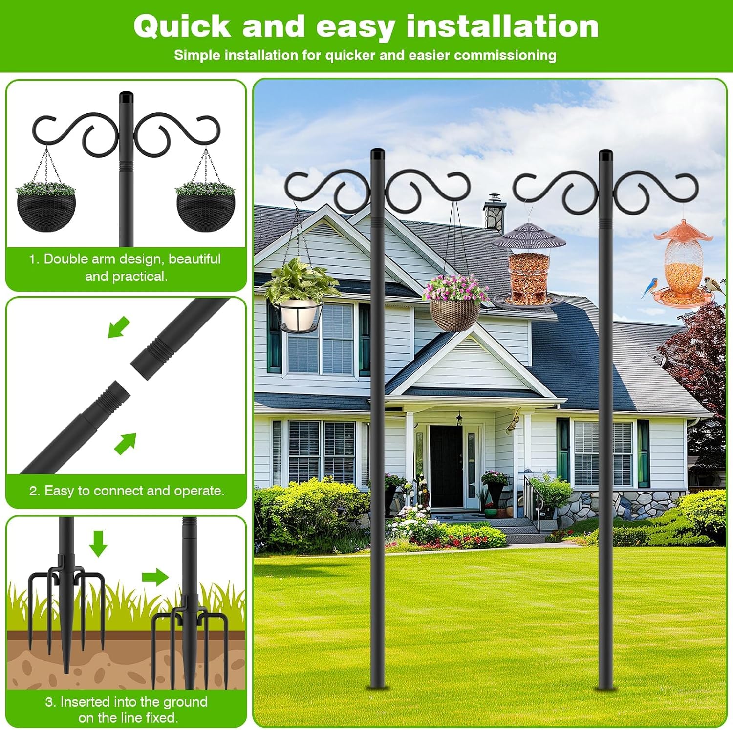 Double Shepherds Hooks for Outdoor,2 Pack 110Inch Bird Feeder Pole with 5 Prongs Base,Heavy Duty Shepherds