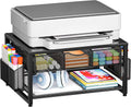 Metal Printer Stand for Desk with Storage Drawer and 2 Pen Holders, 2-Tier Desktop Organizer Printer Table for Home