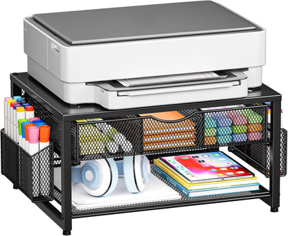 Metal Printer Stand for Desk with Storage Drawer and 2 Pen Holders, 2-Tier Desktop Organizer Printer Table for Home