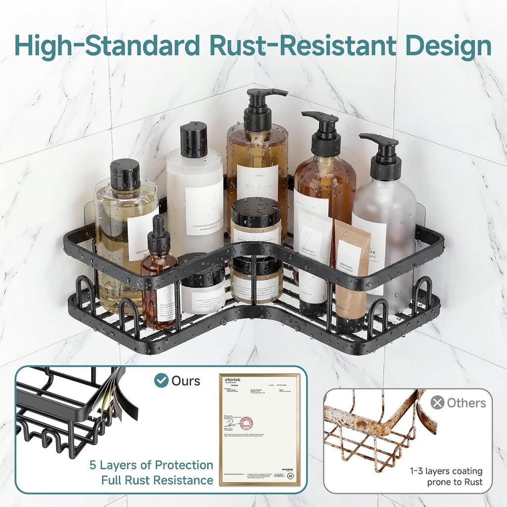 Large Capacity Corner Shower Caddy 5-Pack, Advanced Rustproof Design | No Drilling Adhesive Shelves, Rack with Soap