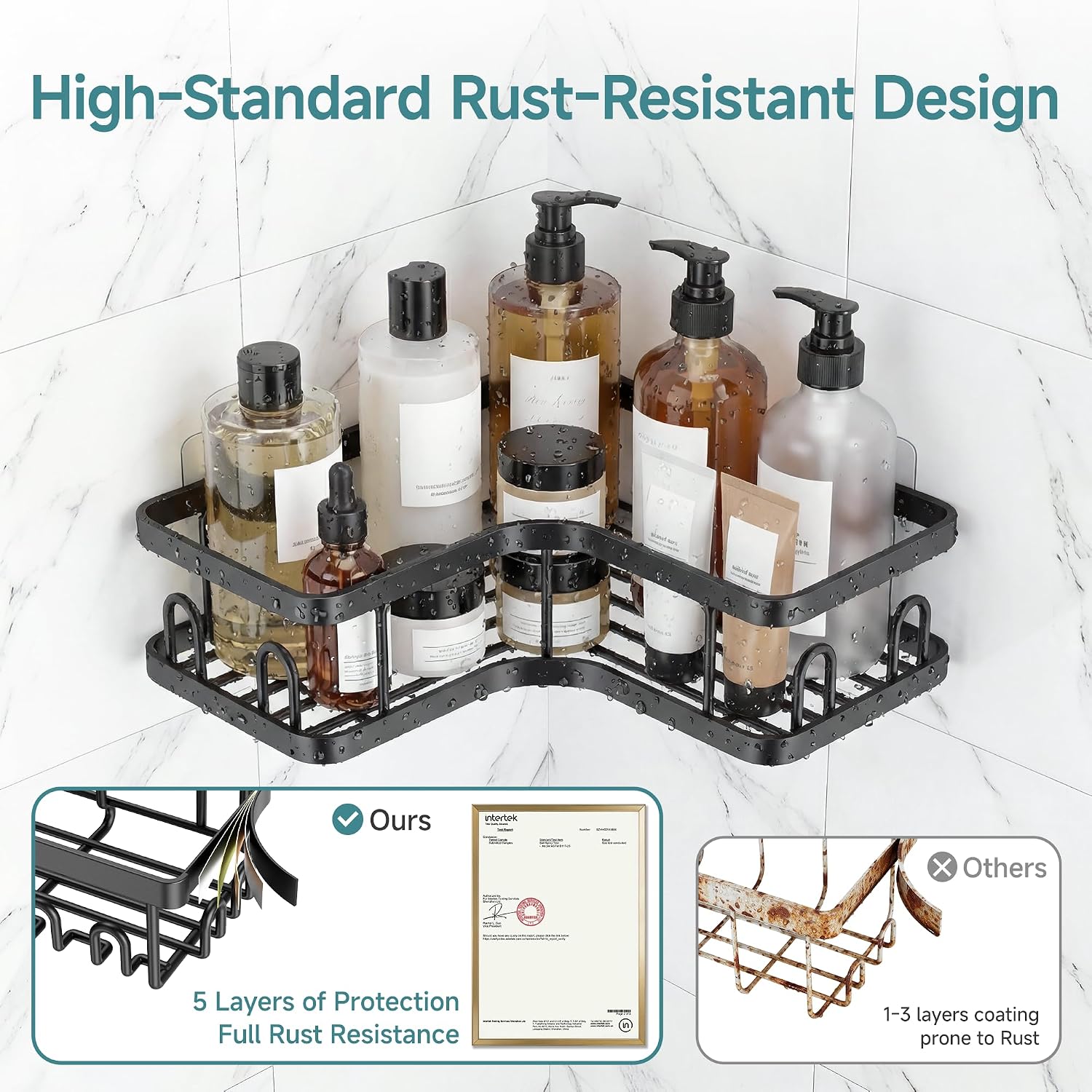 Large Capacity Corner Shower Caddy 5-Pack, Advanced Rustproof Design | No Drilling Adhesive Shelves, Rack with Soap