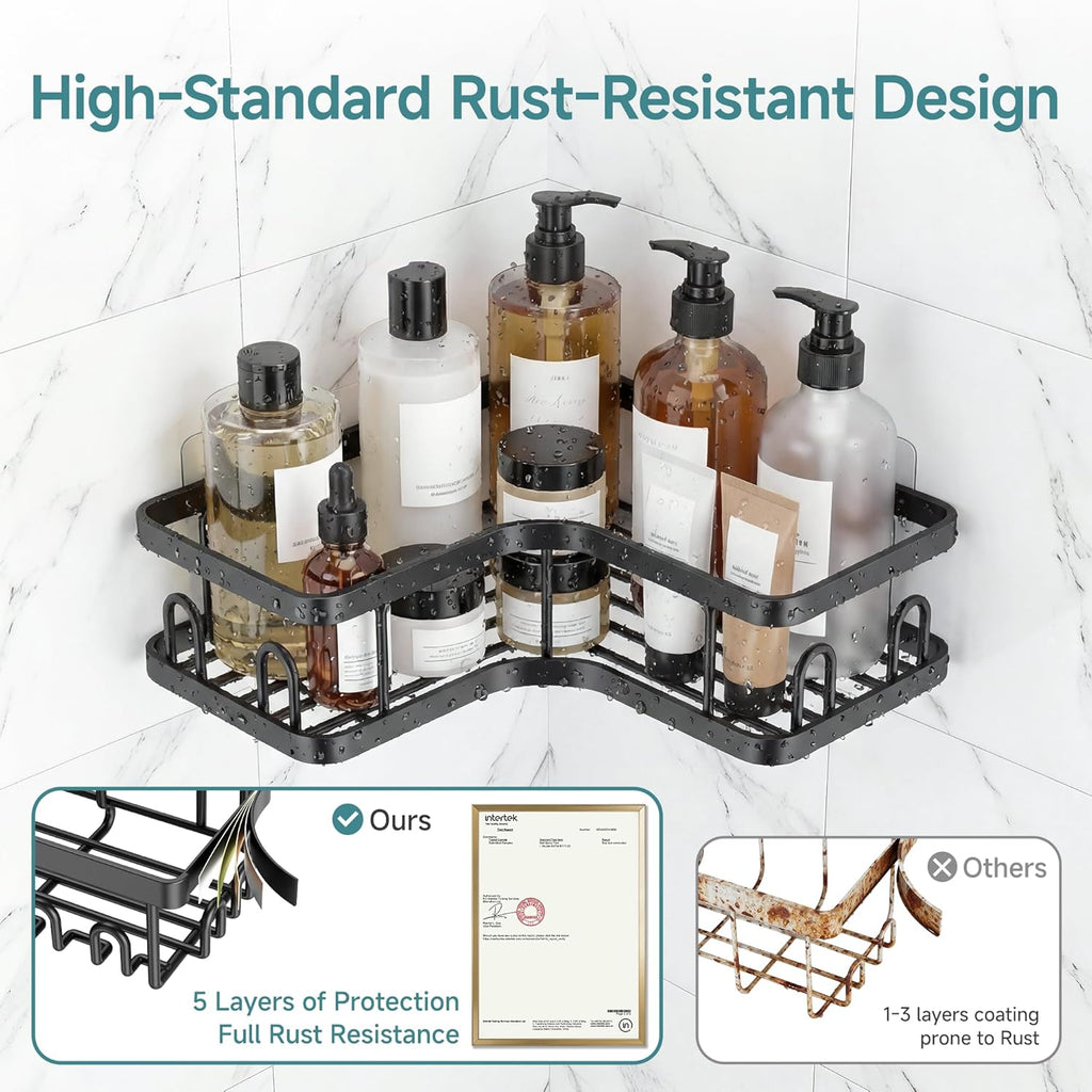 Large Capacity Corner Shower Caddy 6-Pack, Advanced Rustproof Design | No Drilling Adhesive Shelves, High-Load Rack