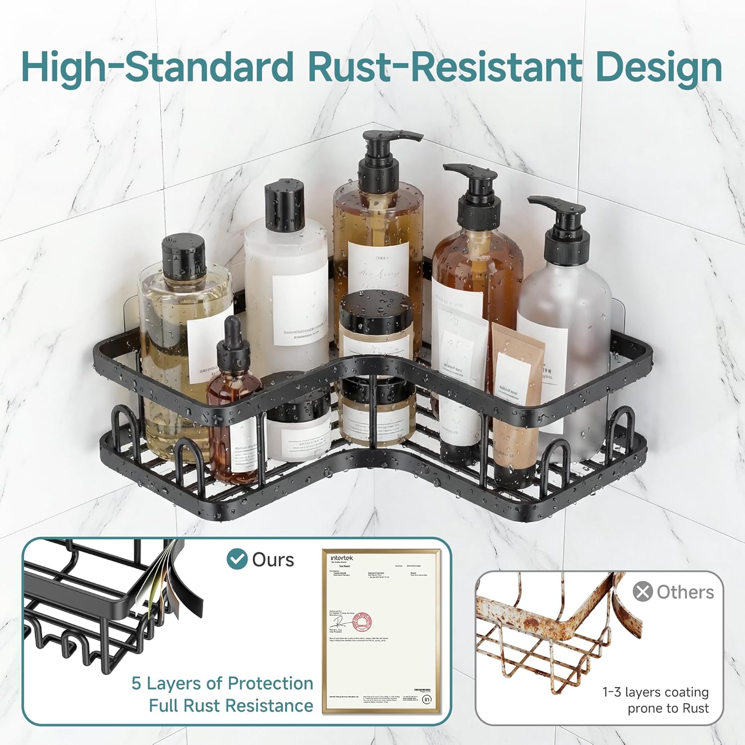 Large Capacity Corner Shower Caddy 6-Pack, Advanced Rustproof Design | No Drilling Adhesive Shelves, High-Load Rack