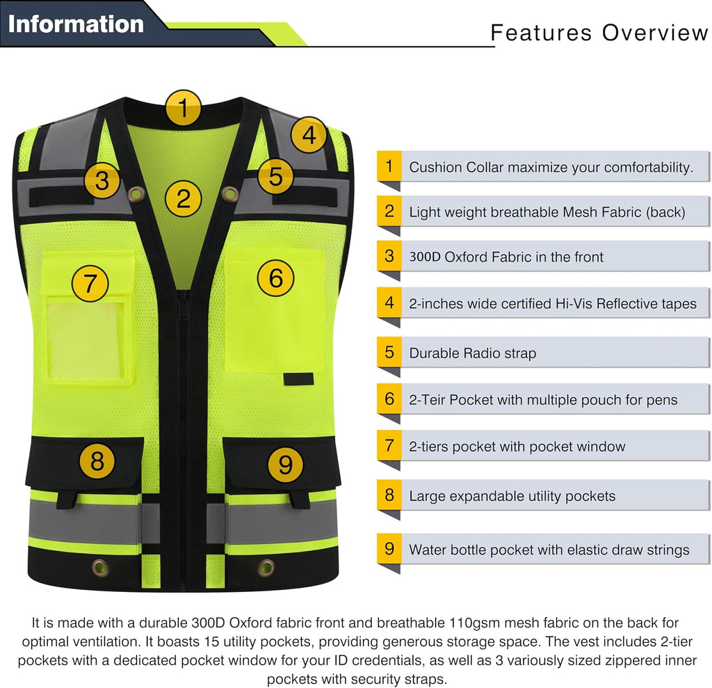 Class 2 High Visibility Reflective Safety Vests Women & Men | With 15 Pockets And Zipper Front,Meets Ansi/Isea Standards