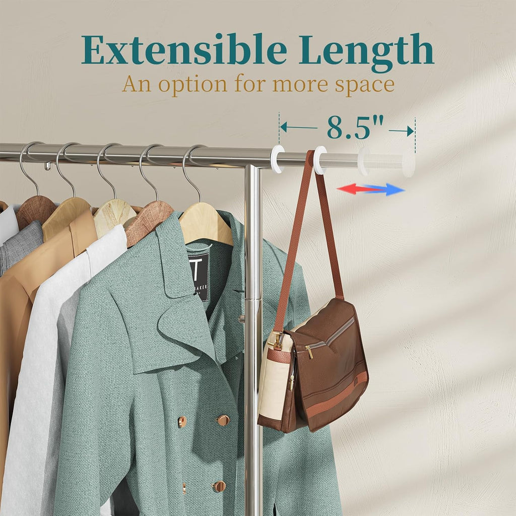 Clothing Garment Rack, Extendable Clothes Organizer, Chrome | Clothes Rack with Bottom Storage Shelf, 360° Wheels