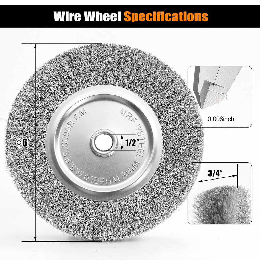 6" Bench Grinder Wheel 120 Grit & Wire Wheel Brush with 1/2" Arbor