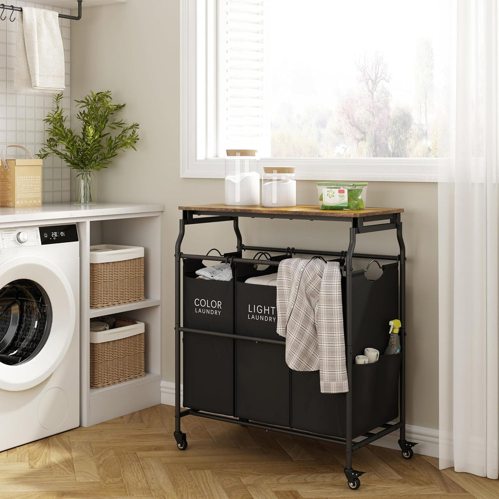 3 Section Laundry Sorter with Iorning Board, Laundry Hamper, Black | Lockable Wheels, Laundry Basket Organizer with