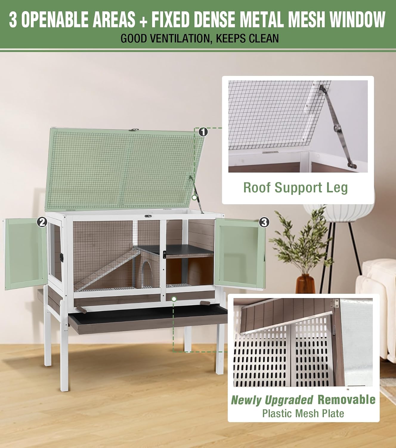 Guinea Pig Cage Indoor with Chew-Proof Edges, Clean Deep Tray | Rabbit cage with leakproof PVC layer, detachable