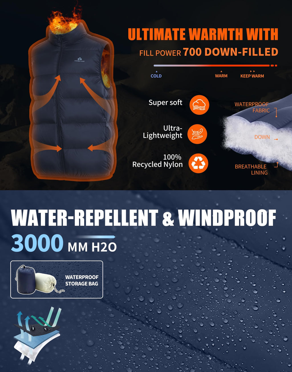Men's Lightweight Down Vest Fill Power 700 Packable Puffer Vest Sleeveless Warm Puffy Outerwear