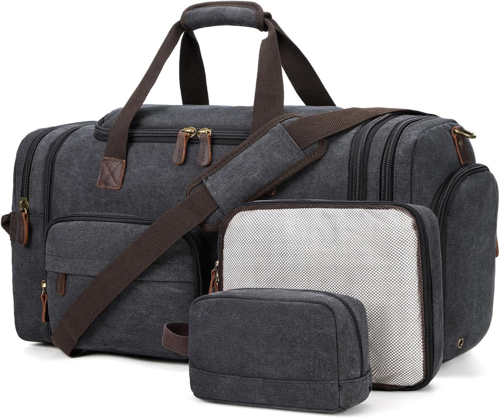 Mens Duffle Bag for Travel 60L Expandable Canvas Weekender Overnight Travel Duffel Bag with Shoe Compartment Carry-On
