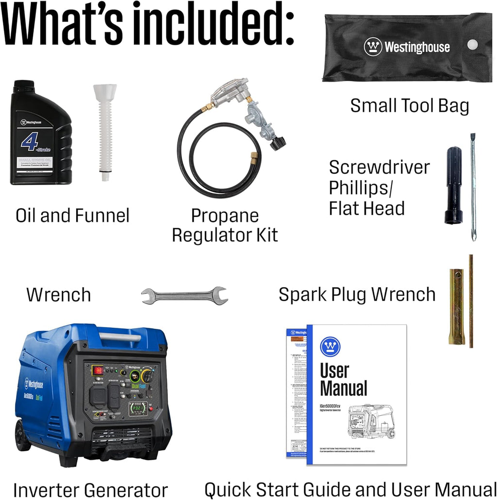 5000 Peak Watt Super Quiet Dual Fuel Portable Inverter Generator, Wheel & Handle Kit, Gas & Propane Powered, RV