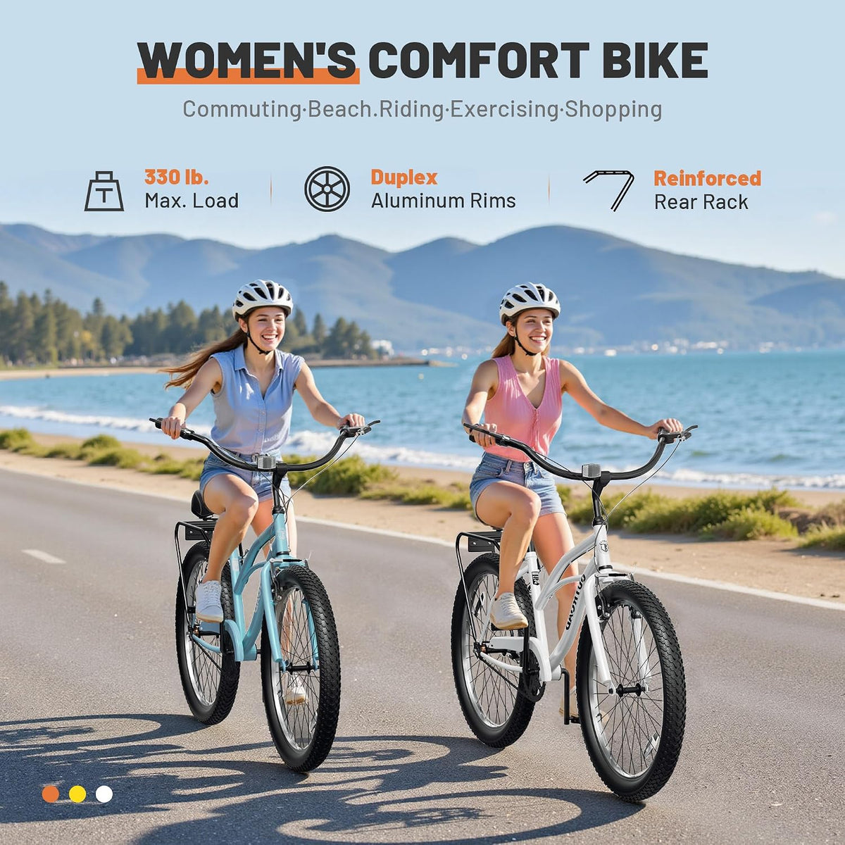 Beach Cruiser Bike for Women and Men, 24/26 Inch 1-Speed Adult Bicycle, Comfortable Step-Through Frame with Rear