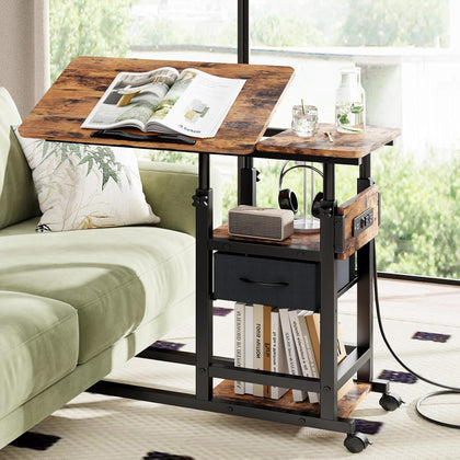 Adjustable Overbed Bedside Table with Wheels, Charging Station