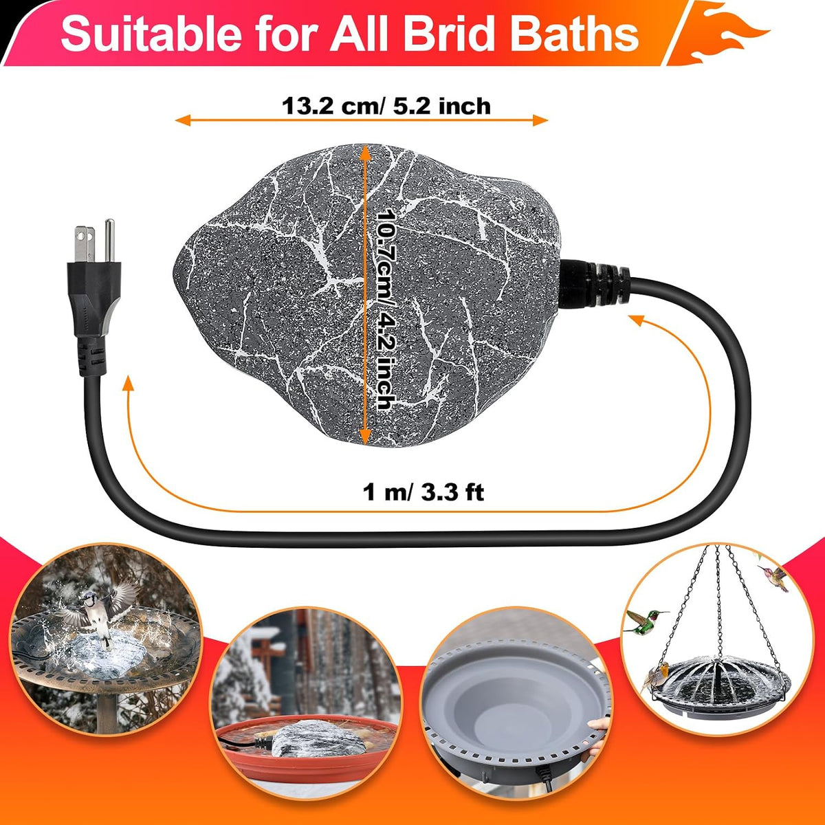 Bird Bath Deicer Heated Rock, 80W, Aluminum Base, 1 Pack, Grey