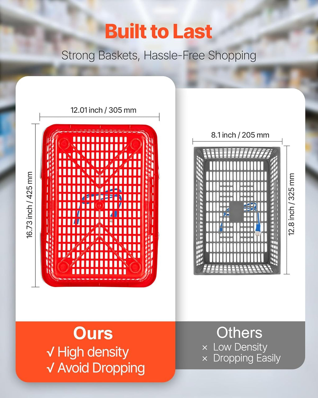 Shopping Baskets, 12 PCS, 21L Stackable PE Plastic Grocery Baskets with Metal Handles, Dense Mesh Structure, Holds up