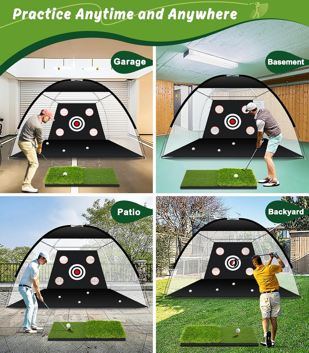 Golf Net: 10x7ft Golf Practice Net for Backyard Chipping Driving with Dual-Turf Golf Hitting Mat, All-in-1 Outdoor