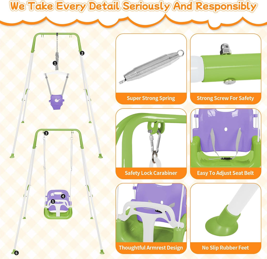 4-in-1 Toddler Swing Set & Baby Jumper and Bouncer for Toddlers, Foldable Baby Swing Stand for Outdoor Indoor Play