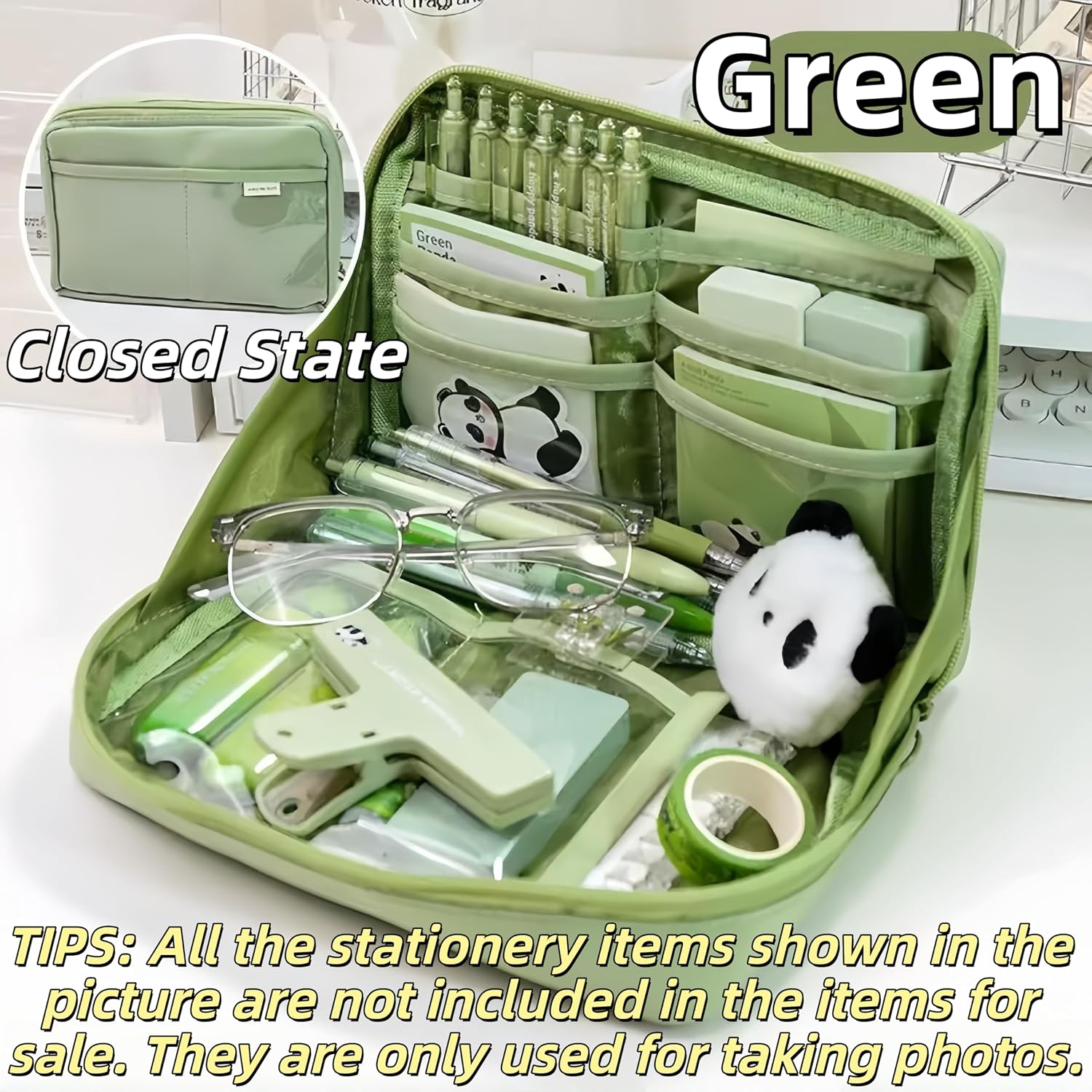 Kawaii Cute Pencil Pouch Aesthetic Standing Pencil Case (Green) | Large Capacity Stand Up Pencil Case, Cute Japanese