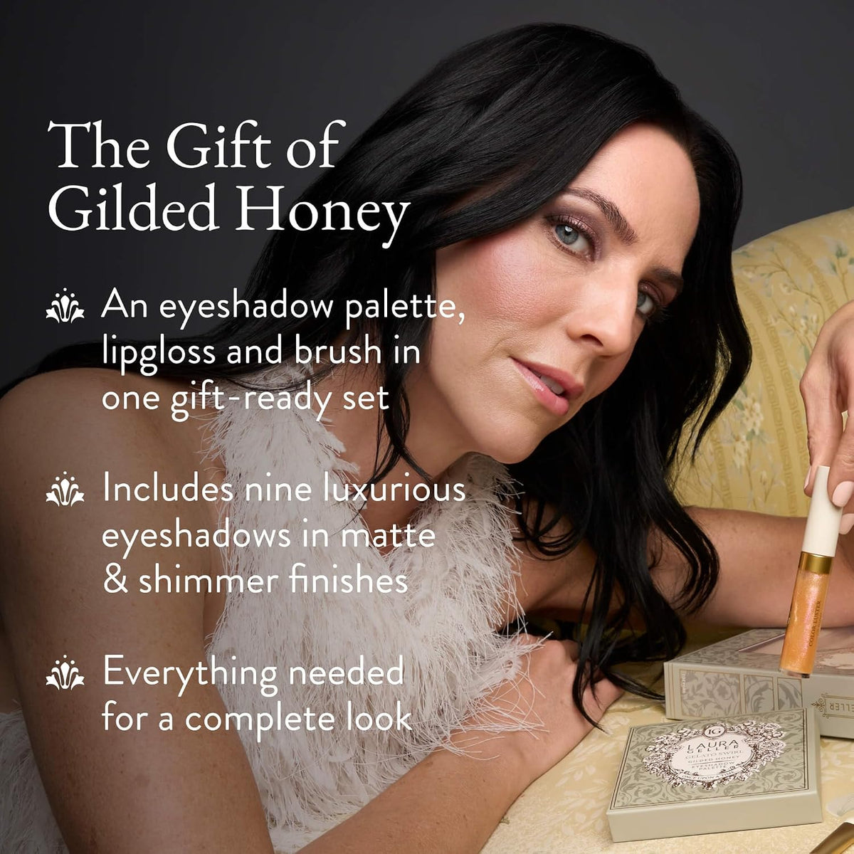 LAURA GELLER Gilded Honey Glow Three-Piece Makeup Kit, Gelato Swirl Eyeshadow Palette, Color Luster Lip Gloss &