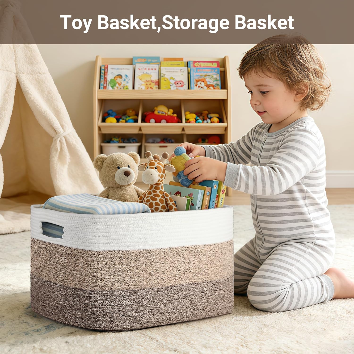 75L Large Woven Storage Basket, Cotton Rope Laundry Hamper with Handles, 22”x17”x12” Rectangle Blanket Basket for