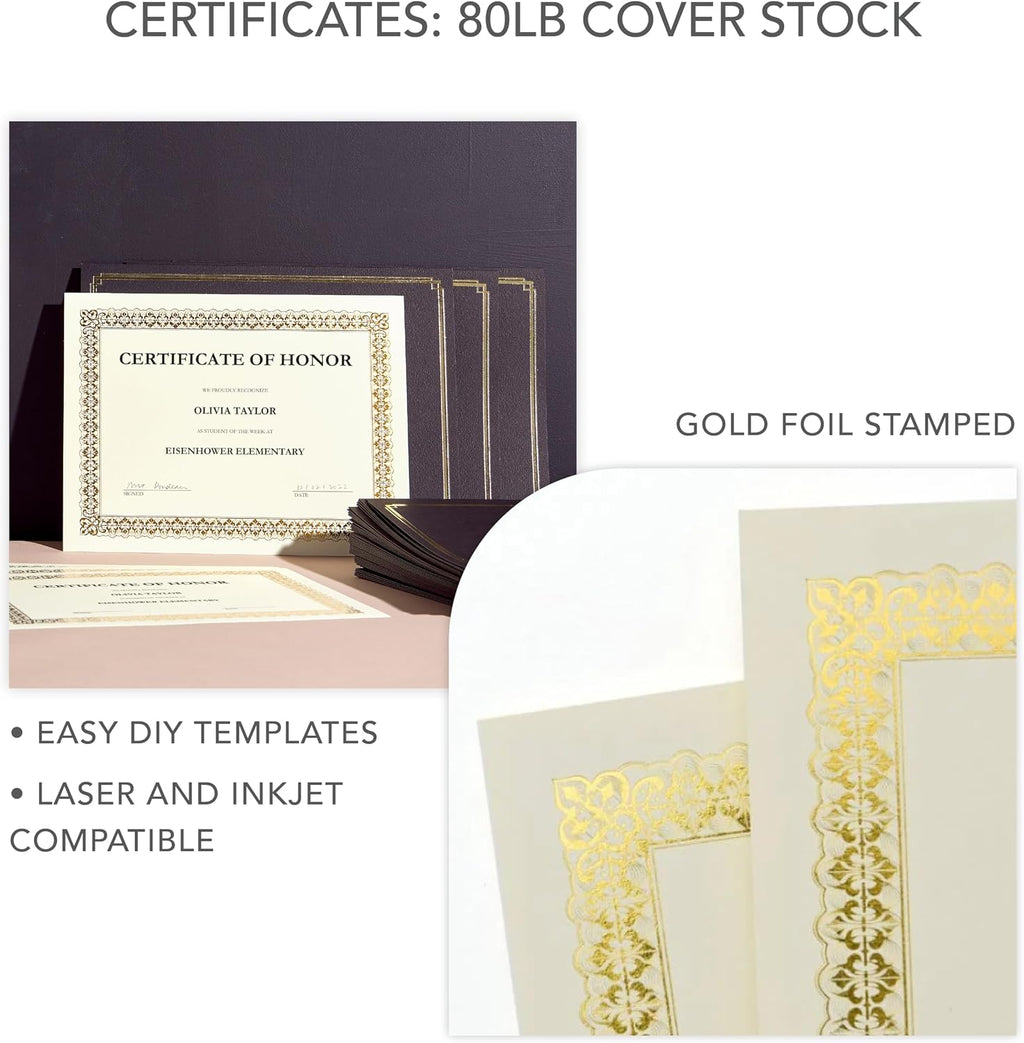 Certificate Kit, 60 Black Holders + 60 Papers, Black & Gold | 60ct black certificate holders & 8.5" x 11"