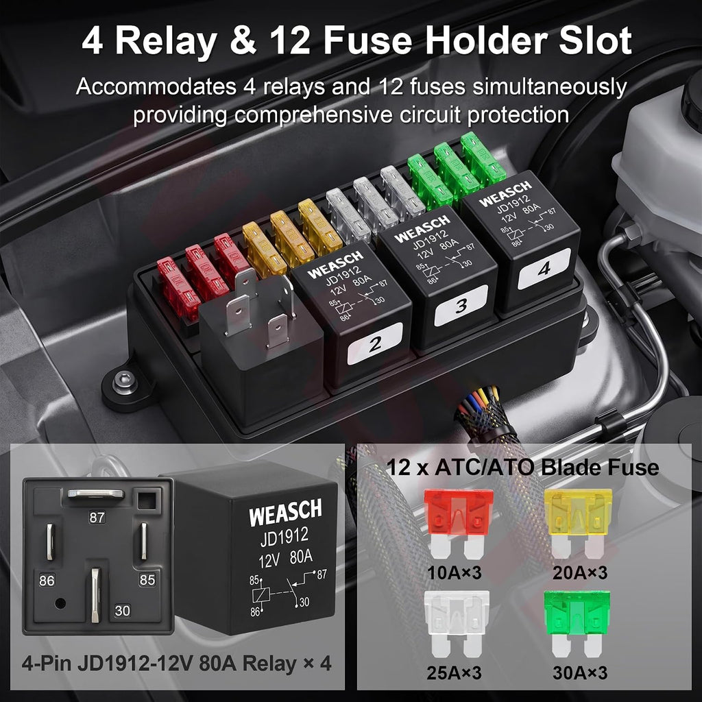12V 12 Way Pre-Wired Fuse Relay Box Kit with 4 x 80A 4-Pin Relays
