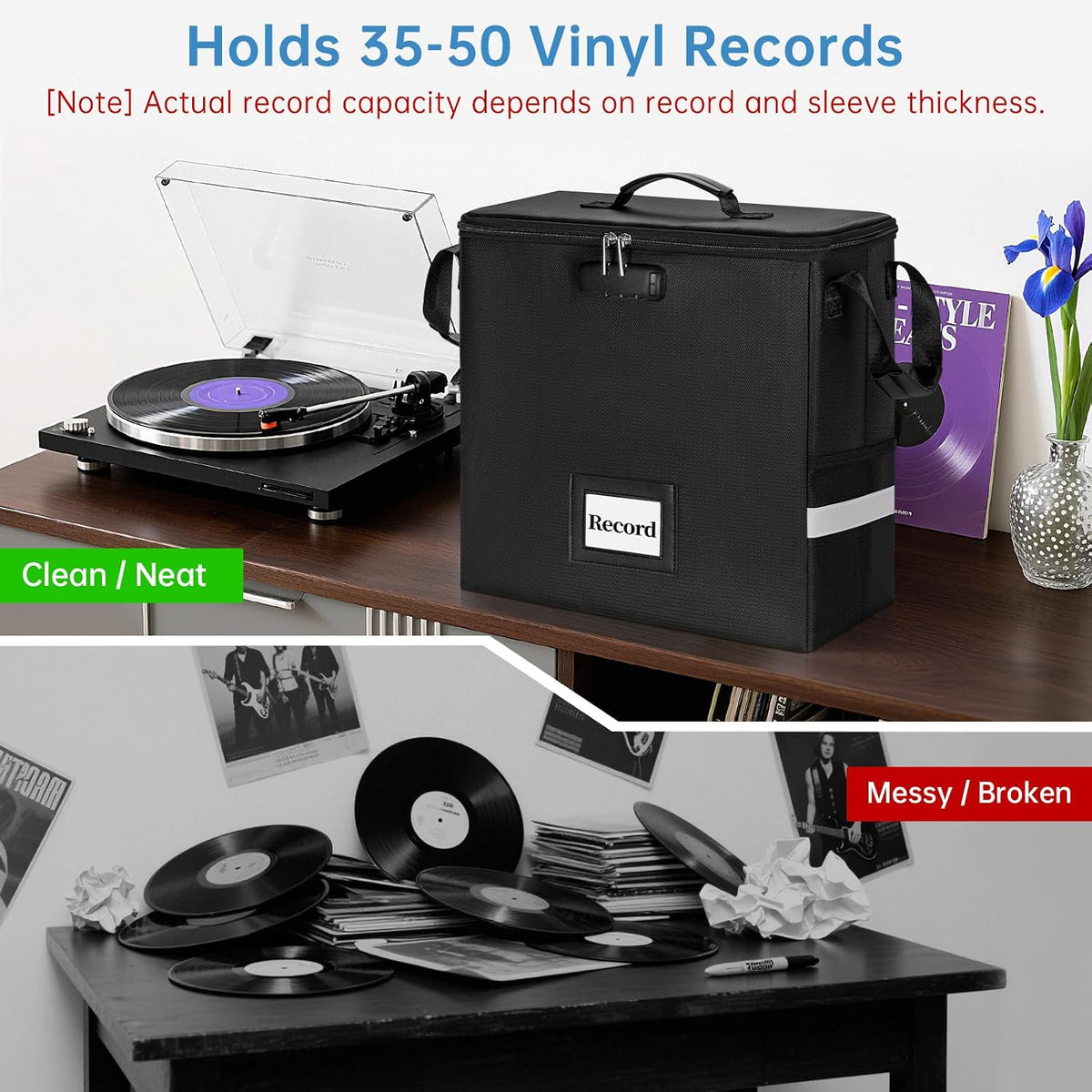 Fireproof Vinyl Record Storage Box with Lock, Holds 35-50 LPs,Black