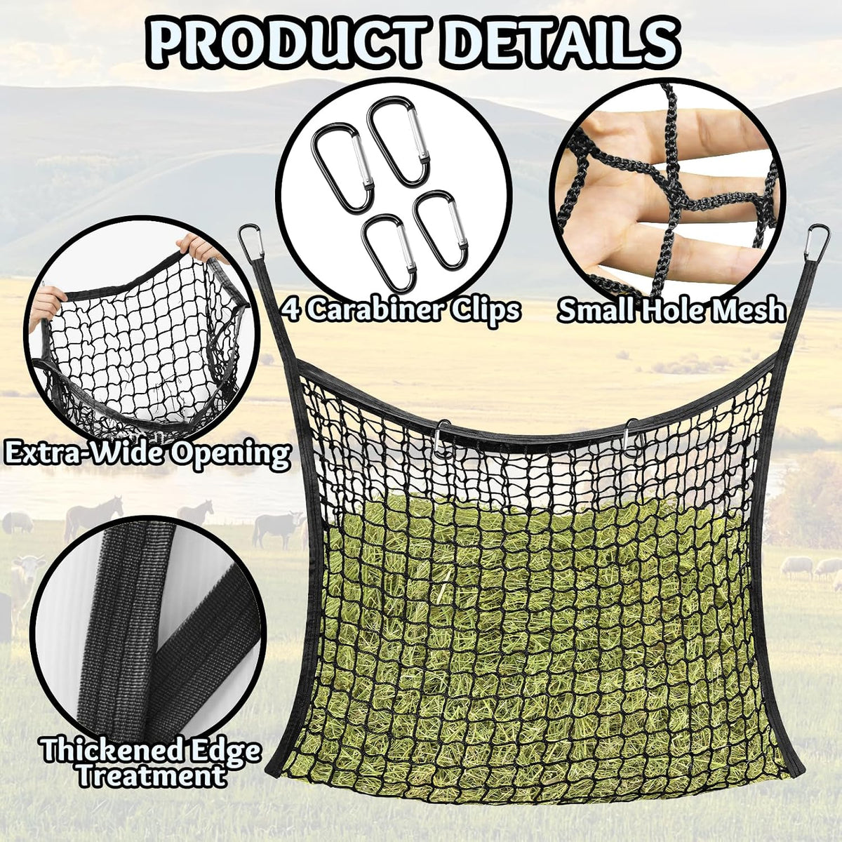 Hay Bags for Horses, Slow Feed Hay Nets for Horses Goat Sheep, Large Capacity Hay Feeder for Stall, Trailer, Pasture