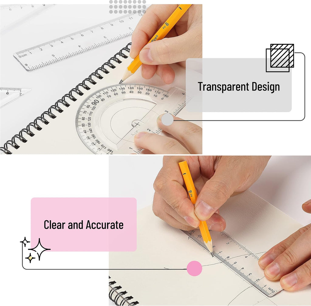Geometry Set, 13 pcs, 3 Metal Compasses, Protractor, 6" Ruler | 45° & 30°/60° Set Squares, Pencils, Lead Refills