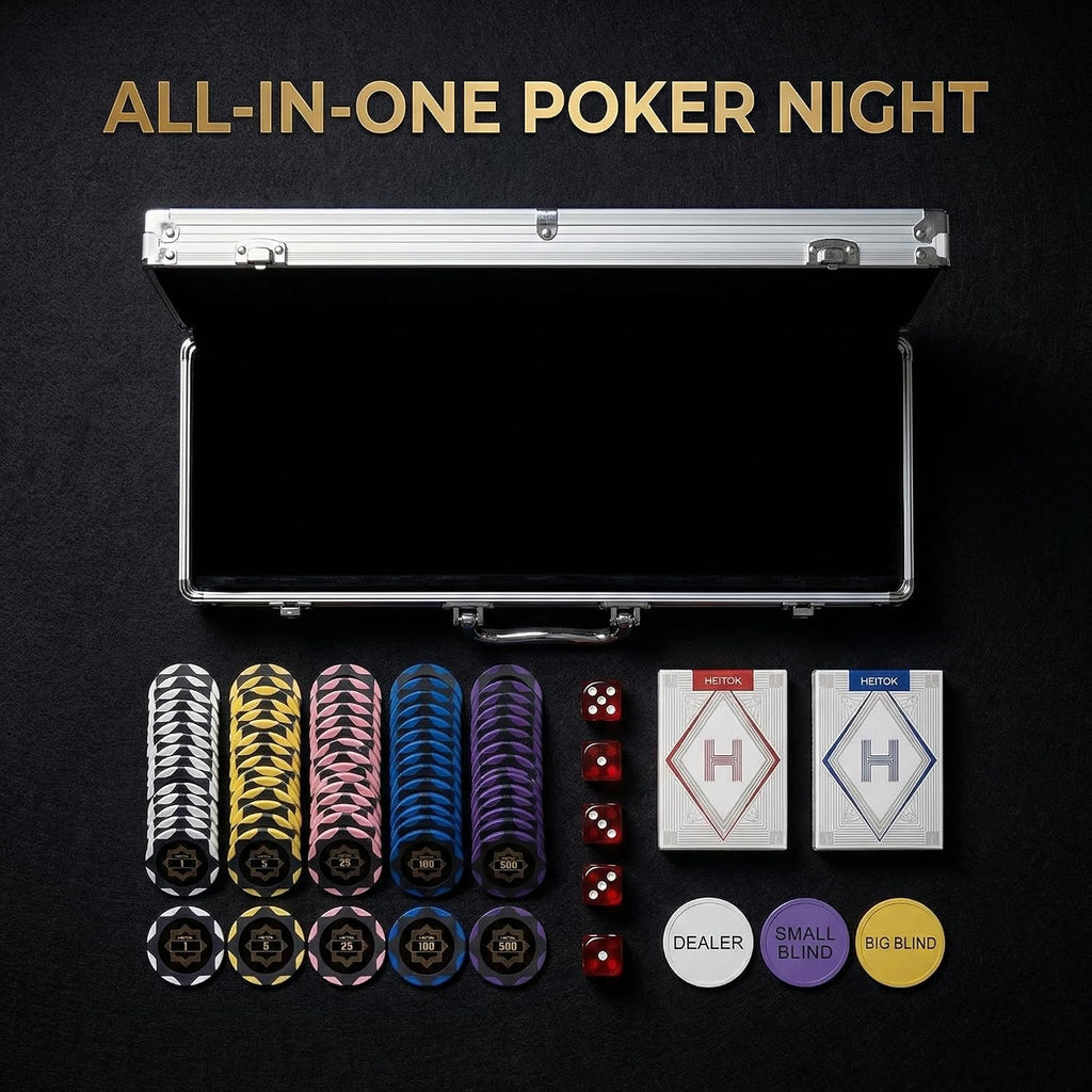 300-Piece Clay Poker Chip Set with Numbered 14g Chips Case | Complete poker chip set for 2 to 8 players with cards