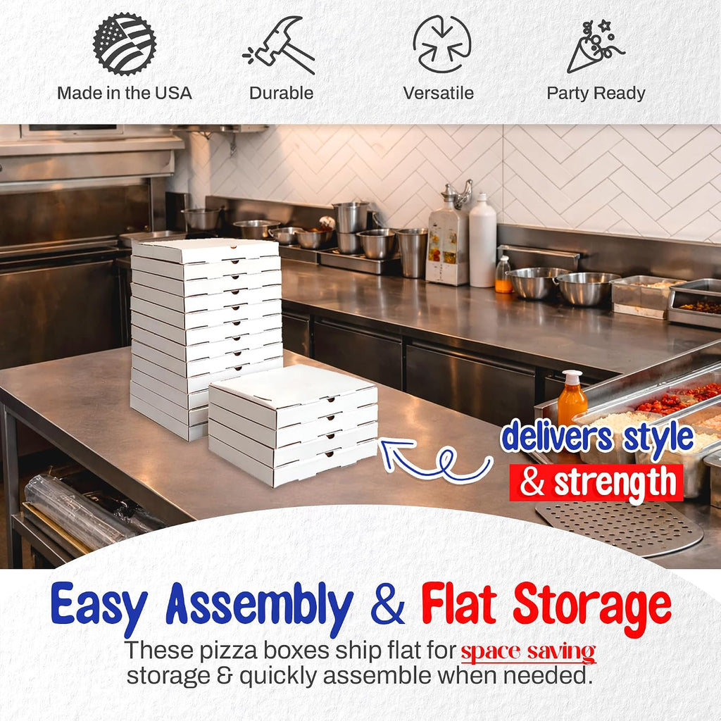 12” x 12” x 2” White Pizza Boxes (10 Pack) - Sturdy B-Flute Corrugated Cardboard Medium Pizza Box - Professional