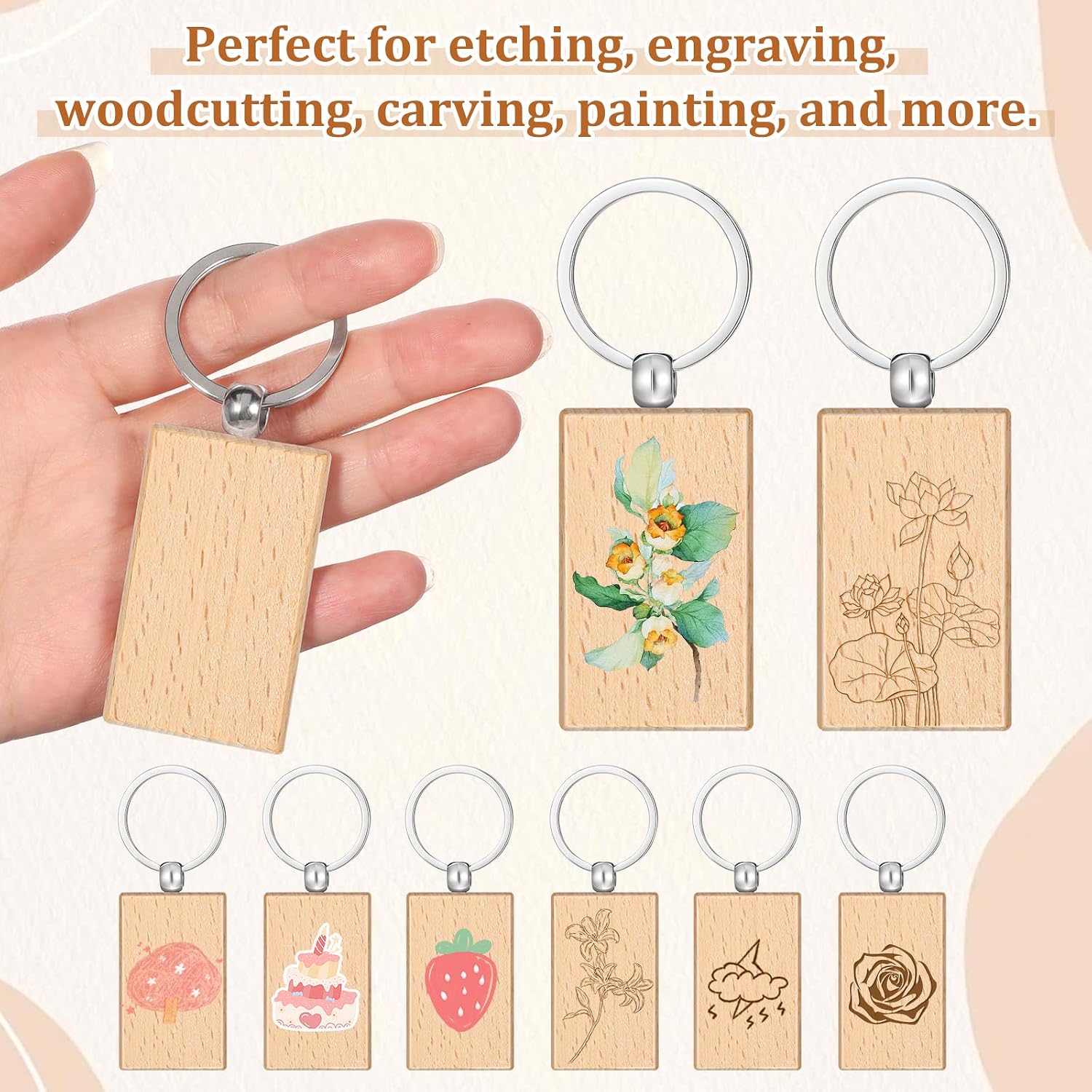 100 Pcs Wood Keychain Blank, Unfinished Laser Engraving Blanks | With Key Rings, Rectangular Keychain Ring Tag Wood