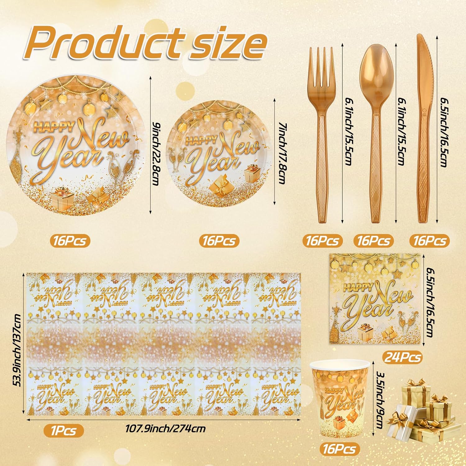 121 Pcs New Years Eve Party Supplies Dinnerware Set, Happy New Years White Gold Tablecloth Banner Plates Cups Napkins