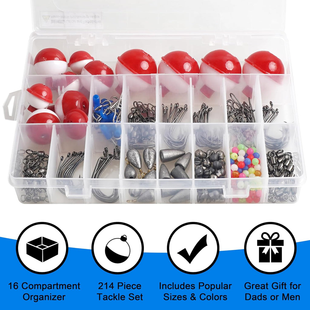 Fishing Hooks Bobbers Tackle Kit 214pcs Beginngers Equipment Include Baitholder Circle Fishing Hooks Bobber Floats