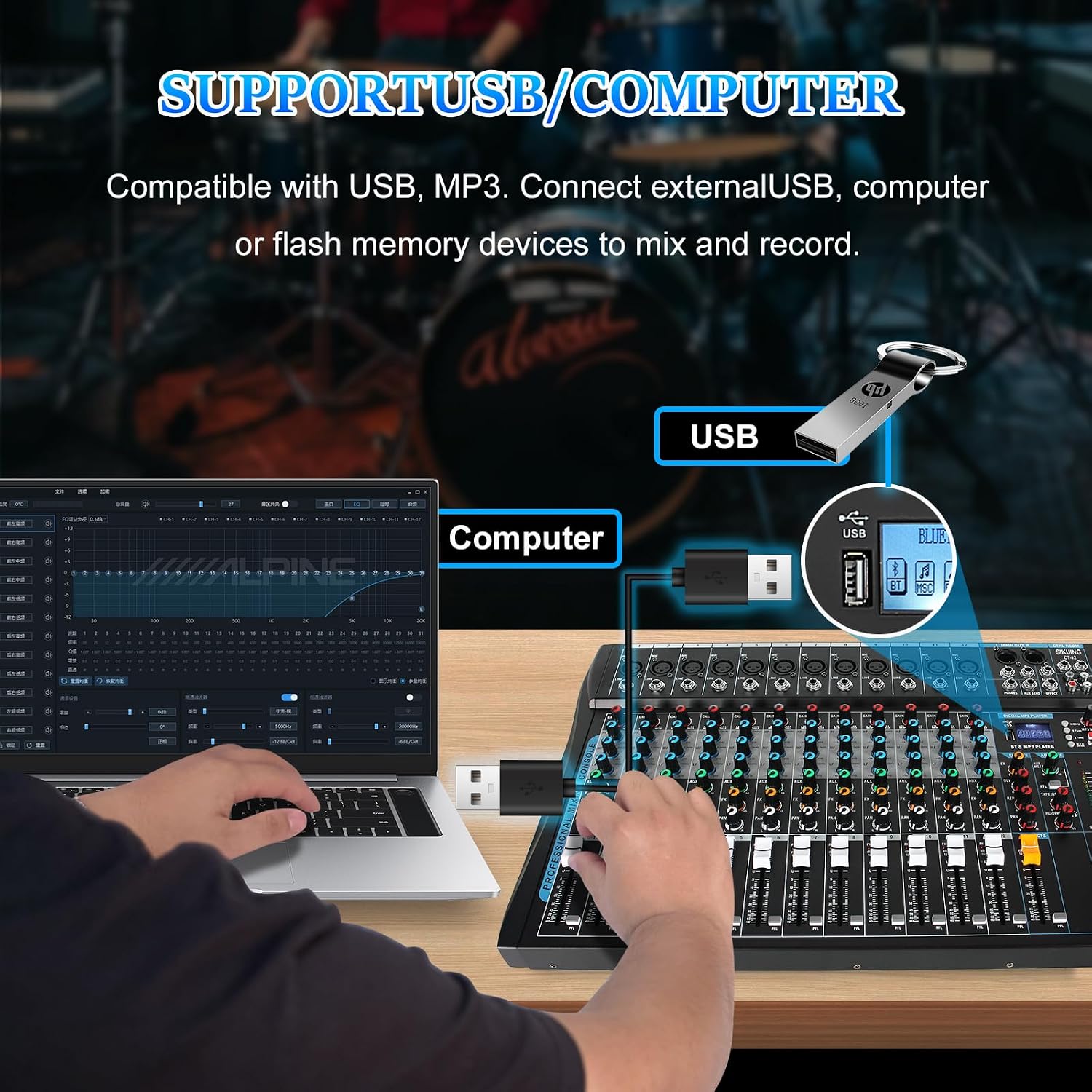 12 Channel Audio Interfacer Sound Board Mixer DJ Mixer 16-Bit DSP Effect USB Audio Mixer +48V Phantom Power Bluetooth