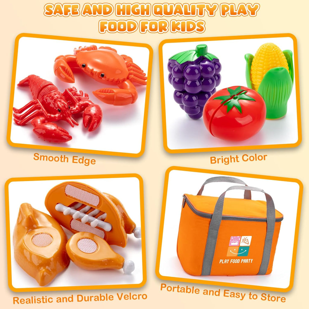 Pretend Play Food Set for Kds Kitchen, Cutting Toy Food with Storage Bag, Stainless Steel Tray and Plates, Fake Food