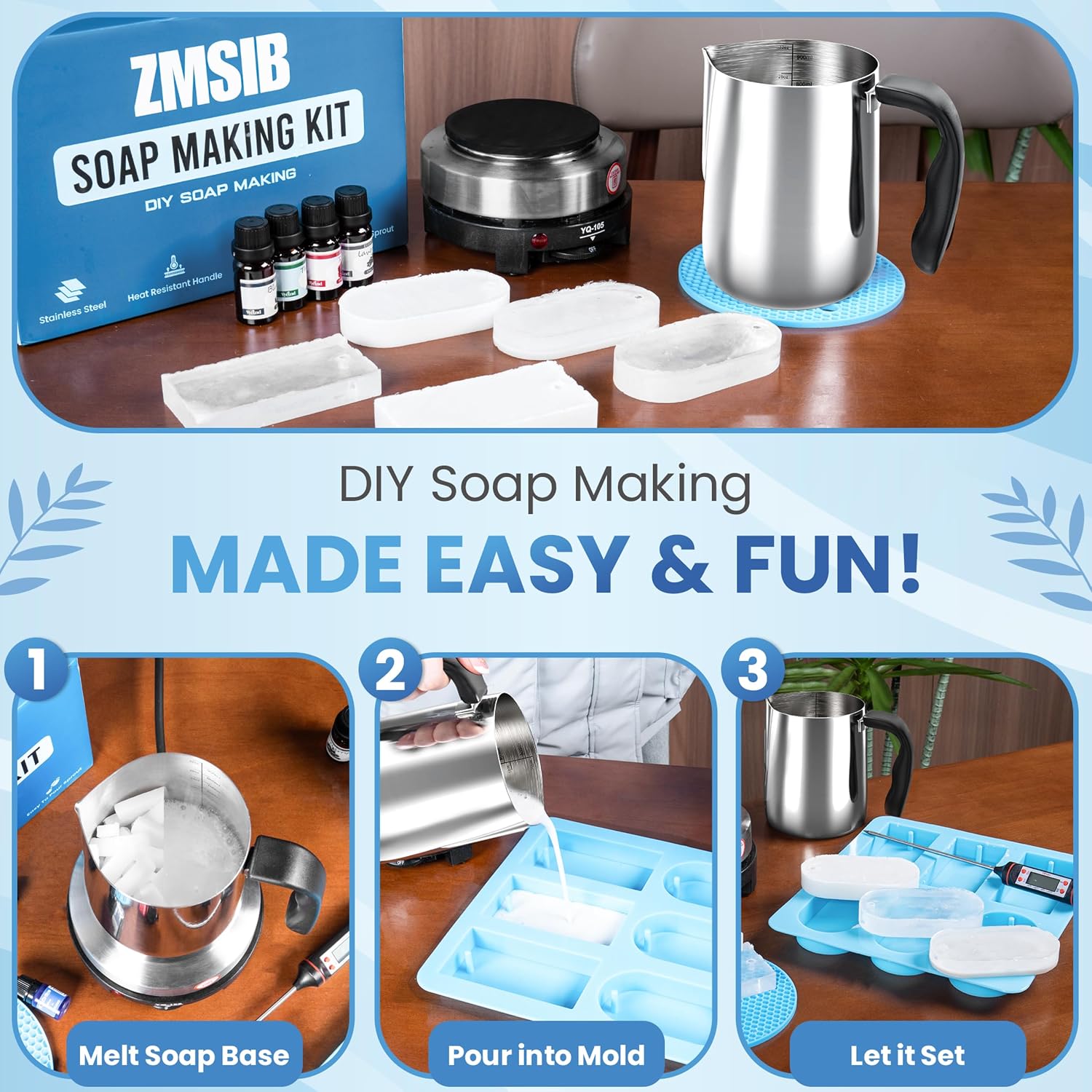 Soap Making Kit for Adults - Soap Melting Pot, Electric Stove, Molds | 900ml Stainless Steel Melting Pot, Electric