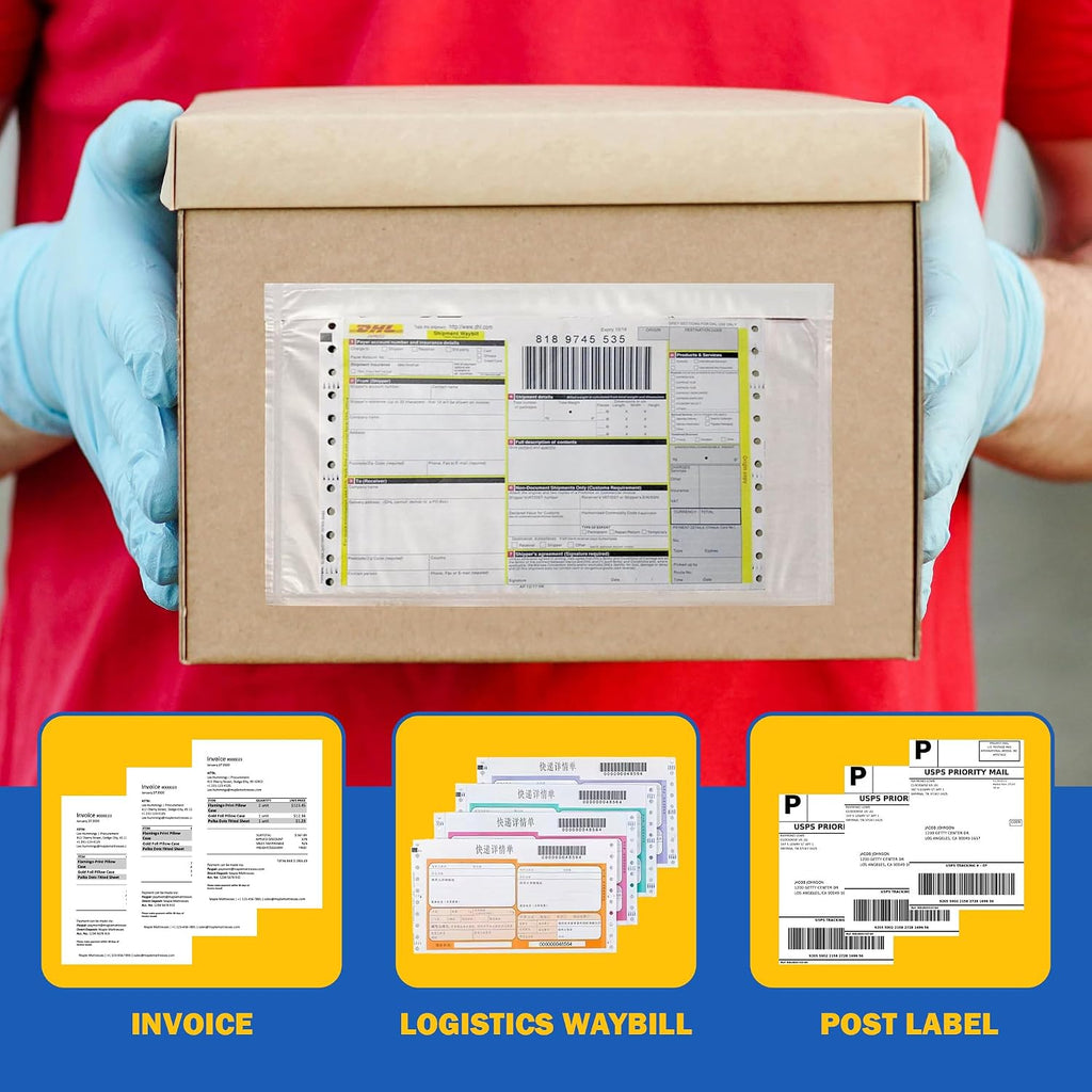 Pack 100 Clear Plastic Self-Adhesive Shipping Label Sleeves - Packing Slip Envelope Pouches - Durable, Waterproof
